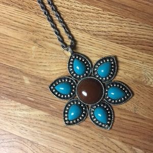 Flower necklace large pendant blue brown silver